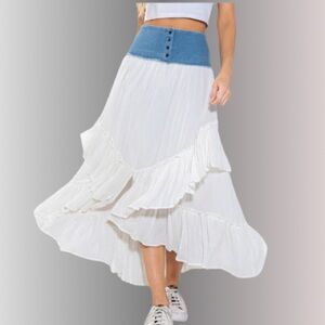 Flowy Boho Chic Gauze Maxi Skirt With Denim Contrast